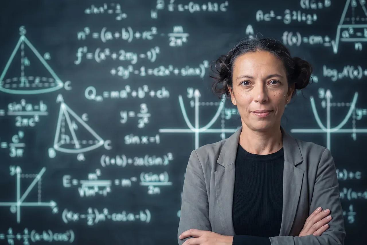 Işıl Hoca, arkasında matematik formülleriyle dolu bir tahta